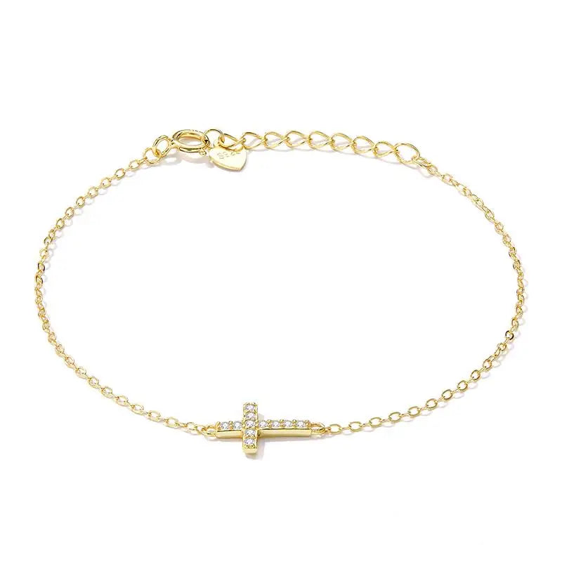 Genuine 925 Sterling Silver Adjustable Cross Bracelet 6.10+0.98 inch 14K Gold Plated Chain Link Luxury Jewelry Women Gift