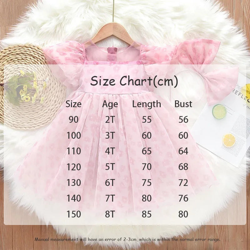 2026 New Girls' Summer Dress 2-8Y Sweet Girls Floral Puff Short Sleeve Princess Dress Kid's Clothes Children's Mesh Dress