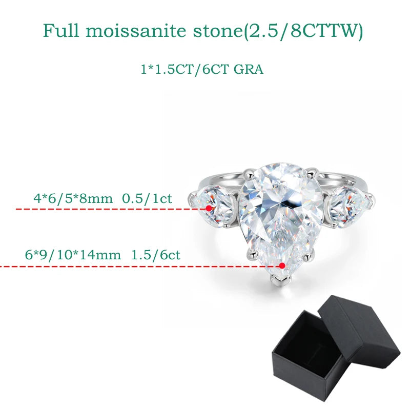 2.5/8cttw Pear Cut All Certified Moissanite Rings for Women 3 Stones Wedding Luxury Quality S925 Sterling Silver Jewelry