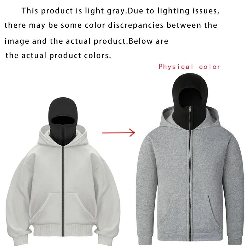 Unisex Hoodie Warm Loose Hooded Jacket Zip-up Casual Jacket with Face Mask for Autumn Winter Outdoor Sports Streetwear