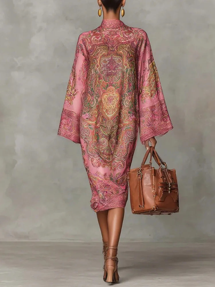 Women's Vintage Elegant Printed High Neck Kaftan Dress Long Sleeves Loose Elegant Evening Midi Dresses Robe 2026 New