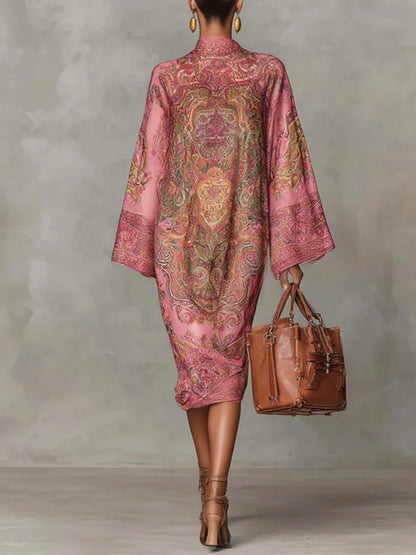 Women's Vintage Elegant Printed High Neck Kaftan Dress Long Sleeves Loose Elegant Evening Midi Dresses Robe 2026 New