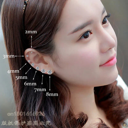XUBCHC Stainless Steel Round Cubic Zirconia Ear Piercing For Women Men CZ Shiny Silver Color Stud Earrings Black Body Jewelry