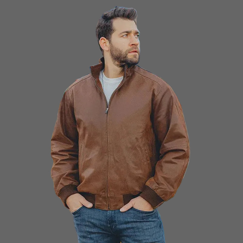 Men's Real Pigskin Leather Bomber Casual Jacket Stand Collar Leather Coat