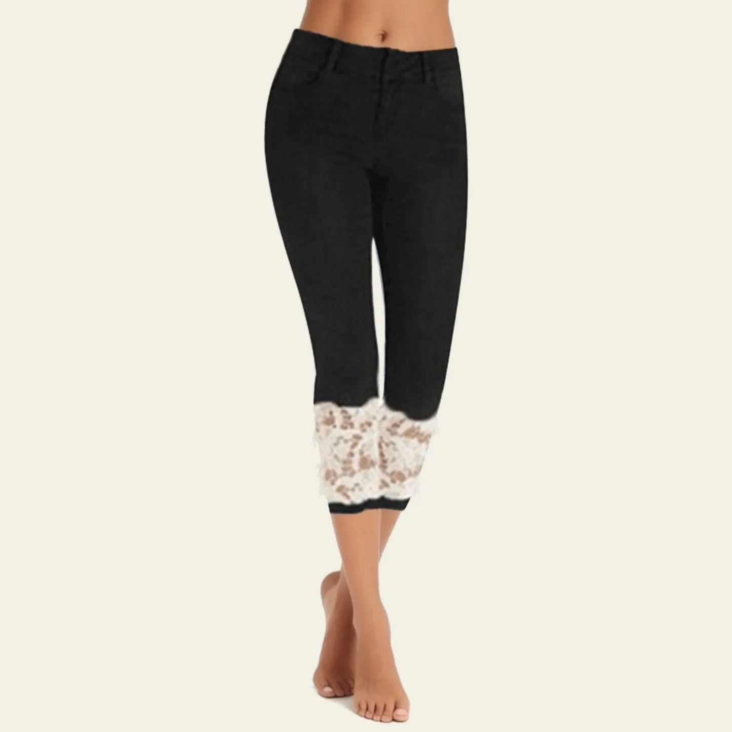 Calça Jeans Feminina Capri Casual com Renda Patchwork Calça Jeans Cropped de Cintura Alta e Caimento Justo Calça Jeans Feminina Streetwear