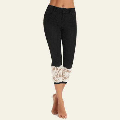 Calça Jeans Feminina Capri Casual com Renda Patchwork Calça Jeans Cropped de Cintura Alta e Caimento Justo Calça Jeans Feminina Streetwear