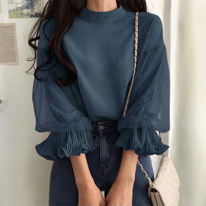 Women Elegant Party Blouse Chic Mesh Ruffle 3/4 Sleeve Tops 2025 Autumn Designer Stand Collar Shirts Korean Loose Tunics