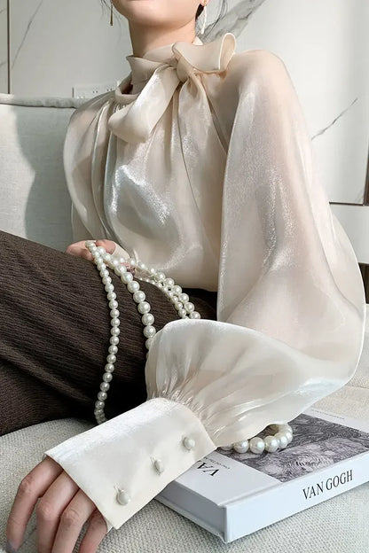 Women's Satin Blouses Stylish Big Bow Shirts 2023 Spring Autumn New Fashion Korean Edition Casual Puff Sleeve Female Solid Top