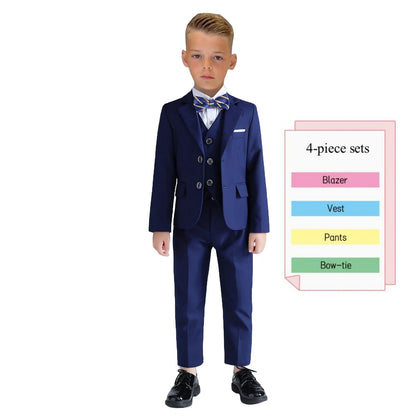 Vintage Boy's 4 Pieces Suit Set Jacket Vest Pants Bow-tie Kids Formal Tuxedo Slim Fit Slit Pocket Child Blazer Suits