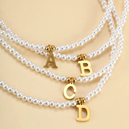Stainless steel letters initial pendant necklace diy name Simulated pearls Bead Necklaces for Women Pearl Woman's Choker jewelry