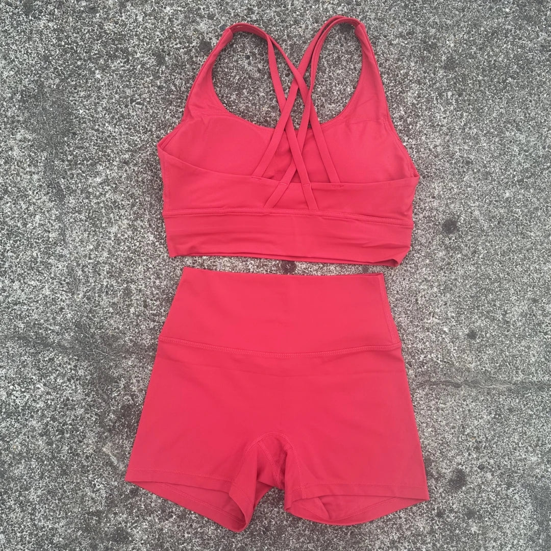 Solid Color gym bike Yoga Set short Legging +cross sport bra Tracksuit  Athletic Women Gym Suit Comprehensive Training Jogging