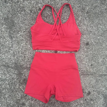 Solid Color gym bike Yoga Set short Legging +cross sport bra Tracksuit  Athletic Women Gym Suit Comprehensive Training Jogging