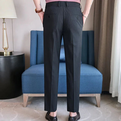 Men's Tailored Striped Dress Pants with Adjustable Waistband – Sleek Vertical Design for Business Formal & Modern Sophistication