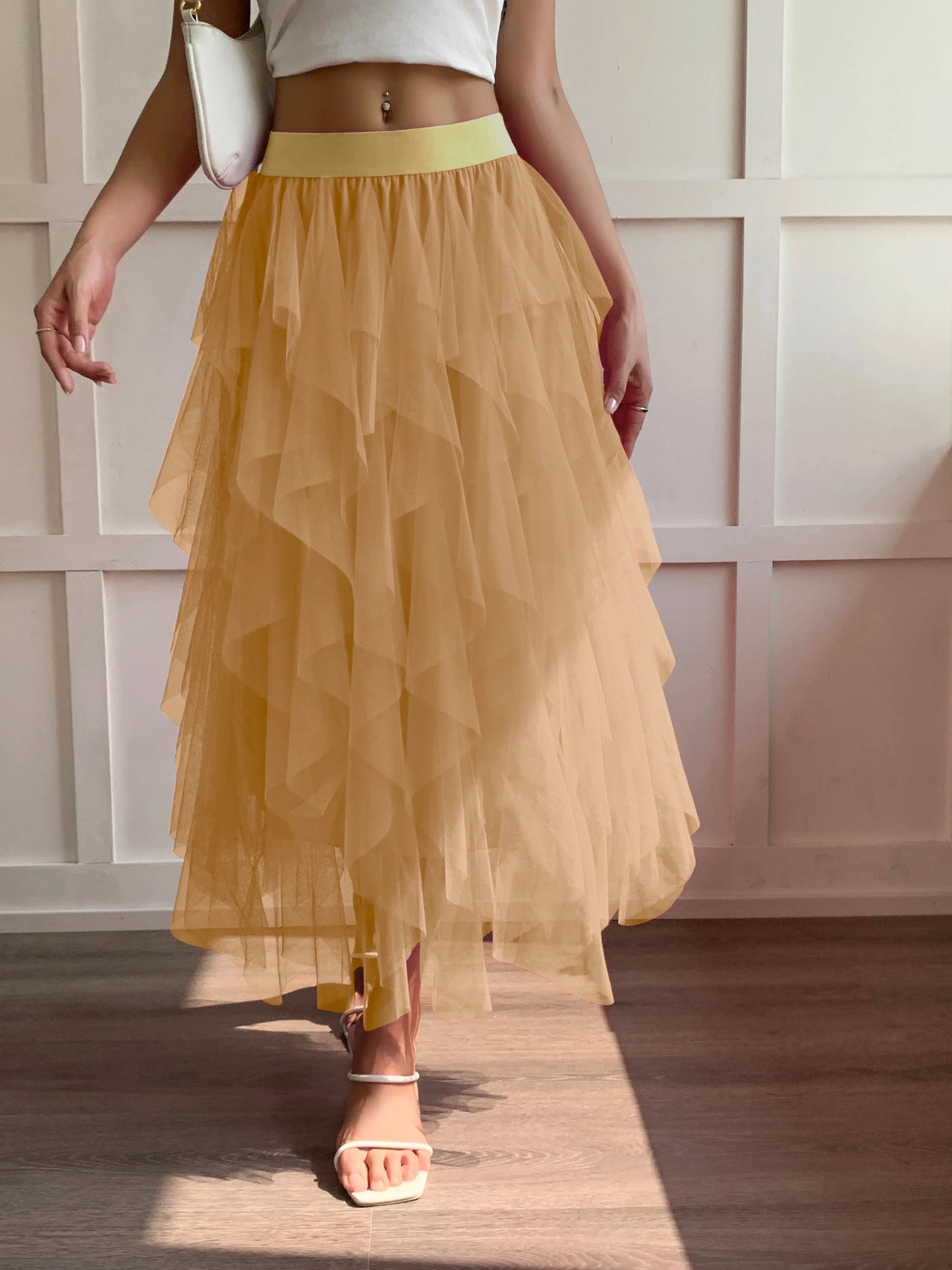 Medium waist chiffon long skirt for women, irregular layered pleated edge layered cake skirt, elegant fairy A-line skirt