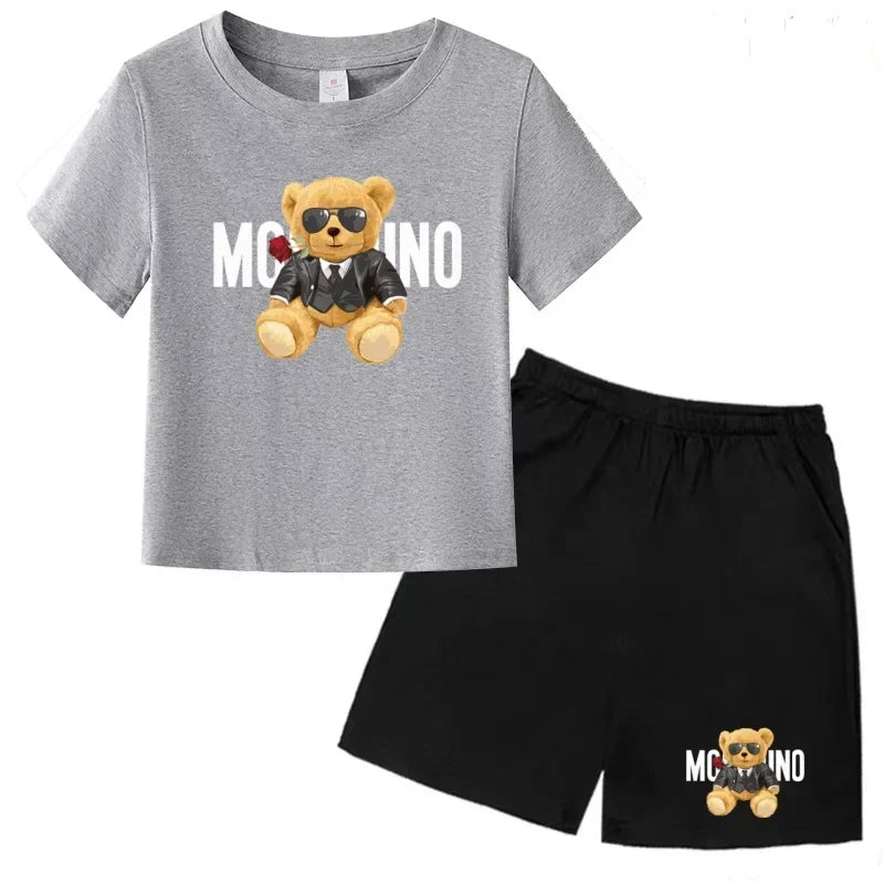 Boys Girls Summer Casual 2Pcs Set Lovely Bear Letter Print T-shirt & Shorts Comfortable Sports Running Suit