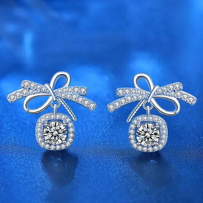 Ribbon Bowknot Tie Moissanite Stud Earrings 925 Sterling Silver 1CT Square Lab Diamond Fine Jewelry For Women Girl Birthday Gift