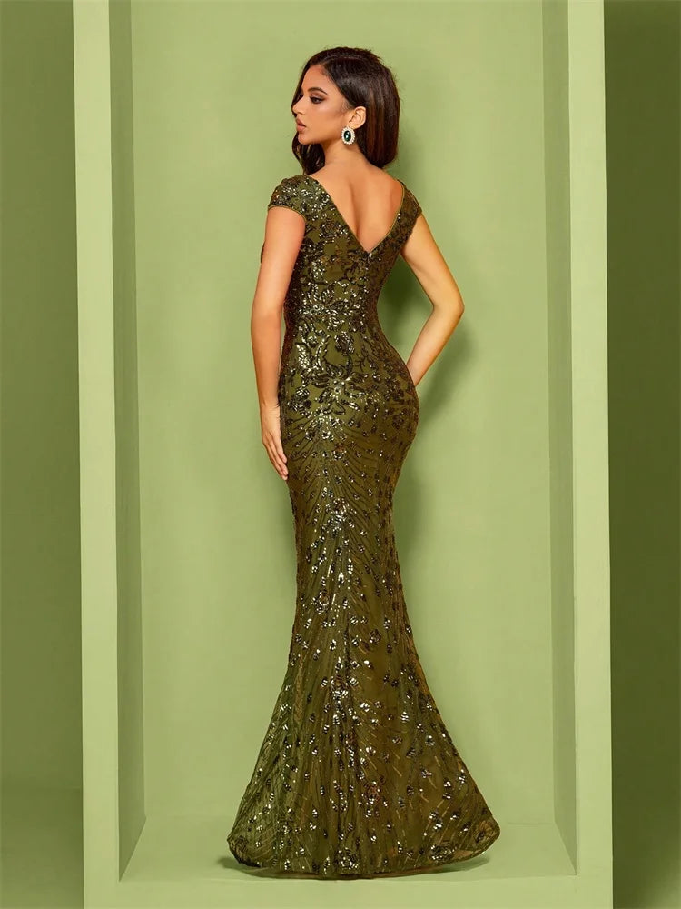 Elegant Champagne Evening Dress For Women Long 2024 Luxury Mermaid Formal Sequins Prom Wedding Party Cocktail Dresses
