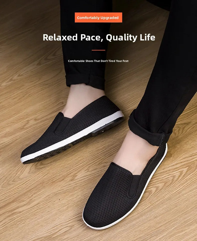 Men's Summer Soft Bottom Driving Shoes Breathable Mesh Slip-On Shoes Wear-Resistant Casual Old Beijing Style Rubber Sole