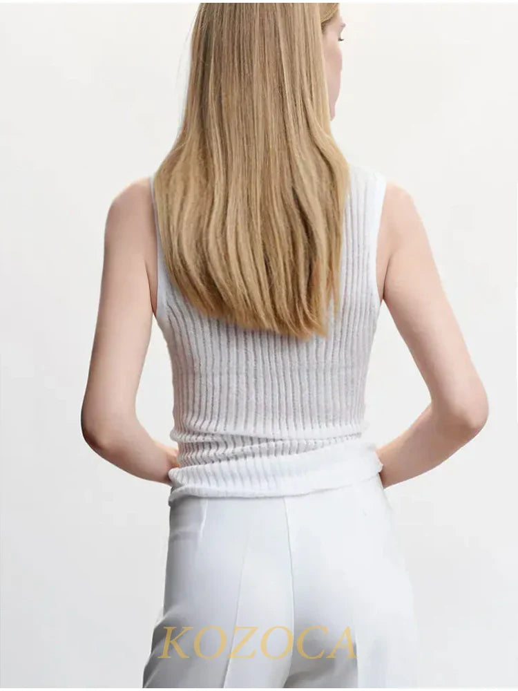 100% Wool Chic Solid Tanks Elegant Striped See Through Hollow Out Women Tops Sleeveless Elastic Tops Club Party Clothes