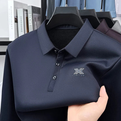 2025 Winter Men's Fashion New Collection with Velvet Long Sleeve T-shirt, Collar with Mulberry Silk and Wool Warmth POLO Sweater