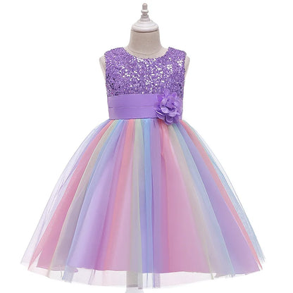 3-12T Sequins Girls  Perform Prom Dress Rainbow Little Princess Piano Banquet Formal Gala Clothes Wedding Sequins Evening Dress