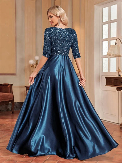 Elegant Short sleeve Sequins Evening Dress 2025 Women Satin Prom Party Green Dress Floor Length Formal Cocktail Gown