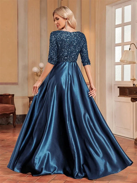 Elegant Short sleeve Sequins Evening Dress 2025 Women Satin Prom Party Green Dress Floor Length Formal Cocktail Gown