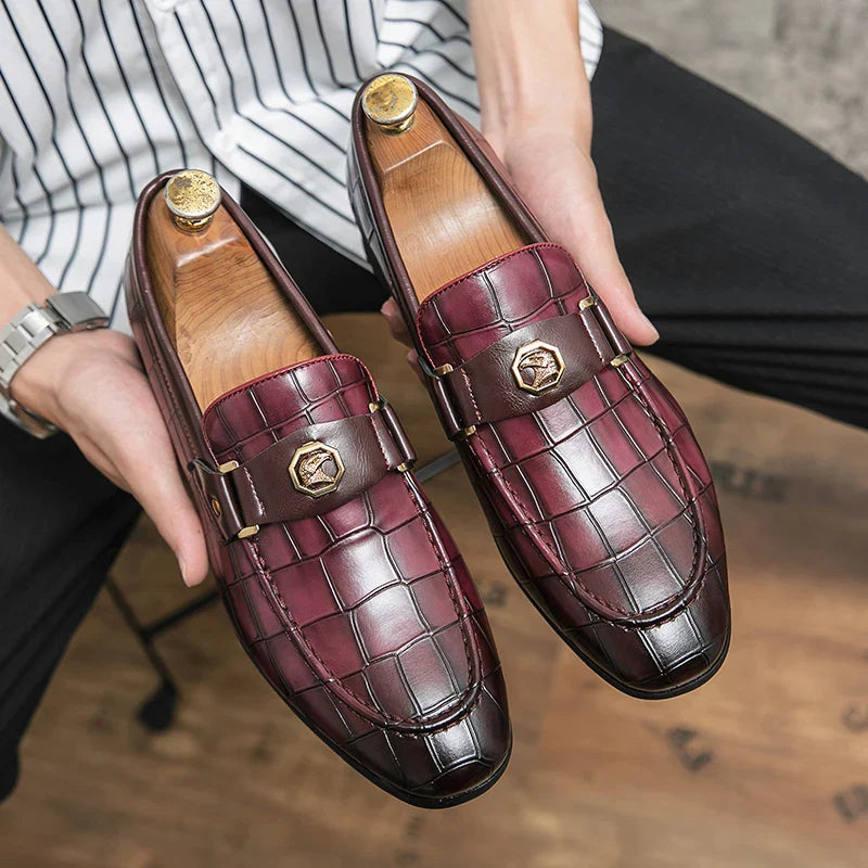 Men Metal Decor Crocodile Embossed Slip On Dress Loafers, Leisure Burgundy Dress Shoes
