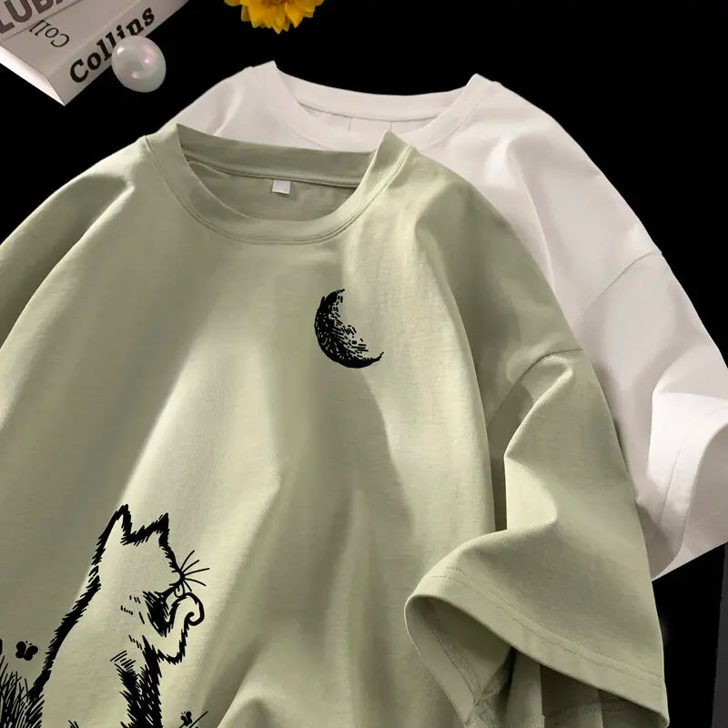 Men's T-shirts Oversized White Big Size 5XL Cotton T Shirt for Men Casual Summer Wear Cat Moon Print Tee Shirts Men Clothing