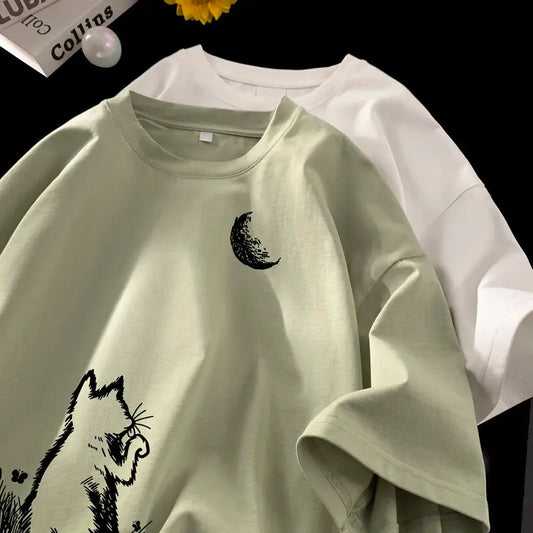 Men's T-shirts Oversized White Big Size 5XL Cotton T Shirt for Men Casual Summer Wear Cat Moon Print Tee Shirts Men Clothing