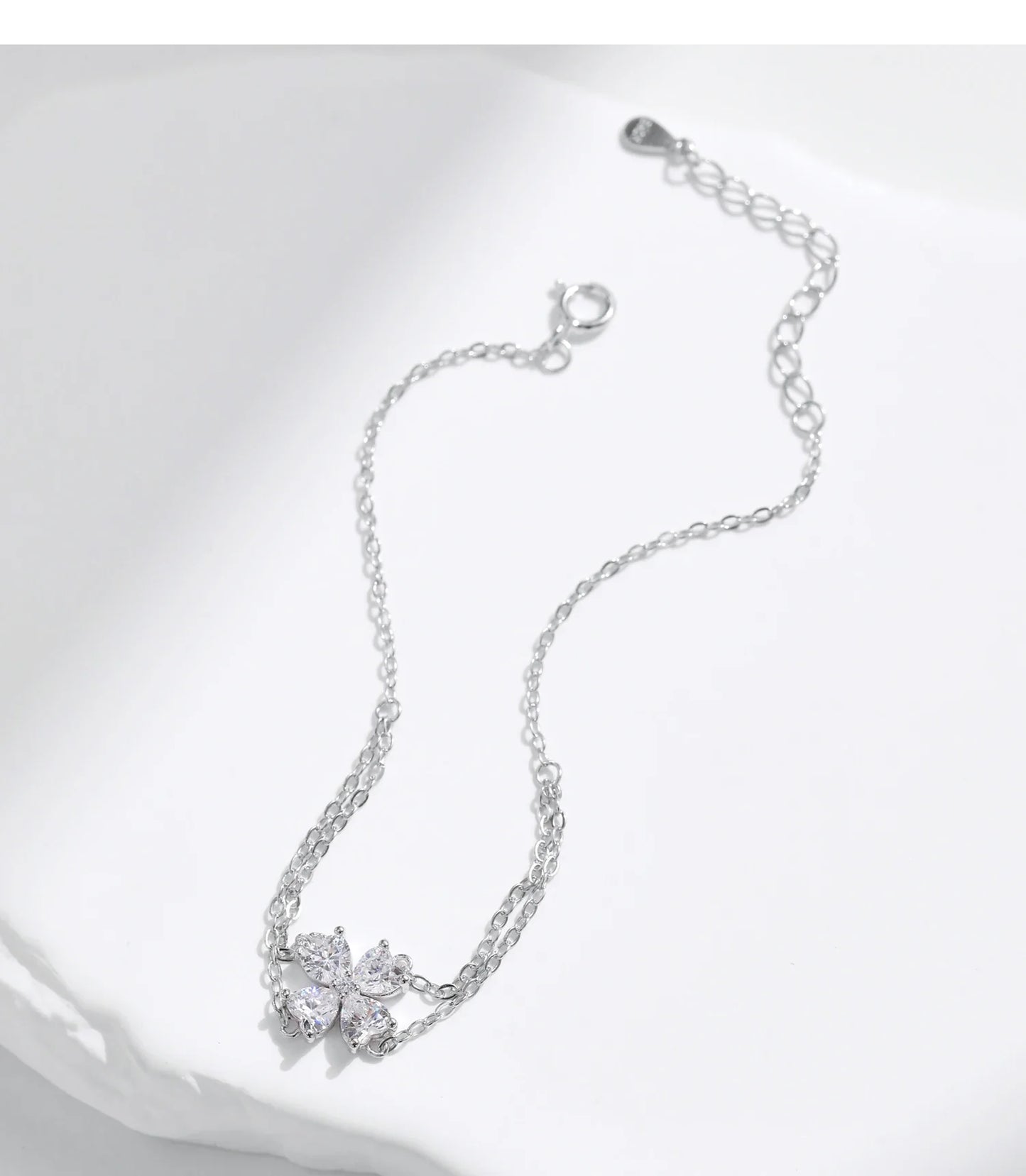 925 Sterling Silver Double Layer Flowers Hearts CZ Romantic Bracelet Luxury Adjustable Chain Link for Women Jewelry