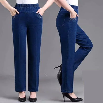 Women's Jeans Embroidered Pockets Elastic waist Mom Pants