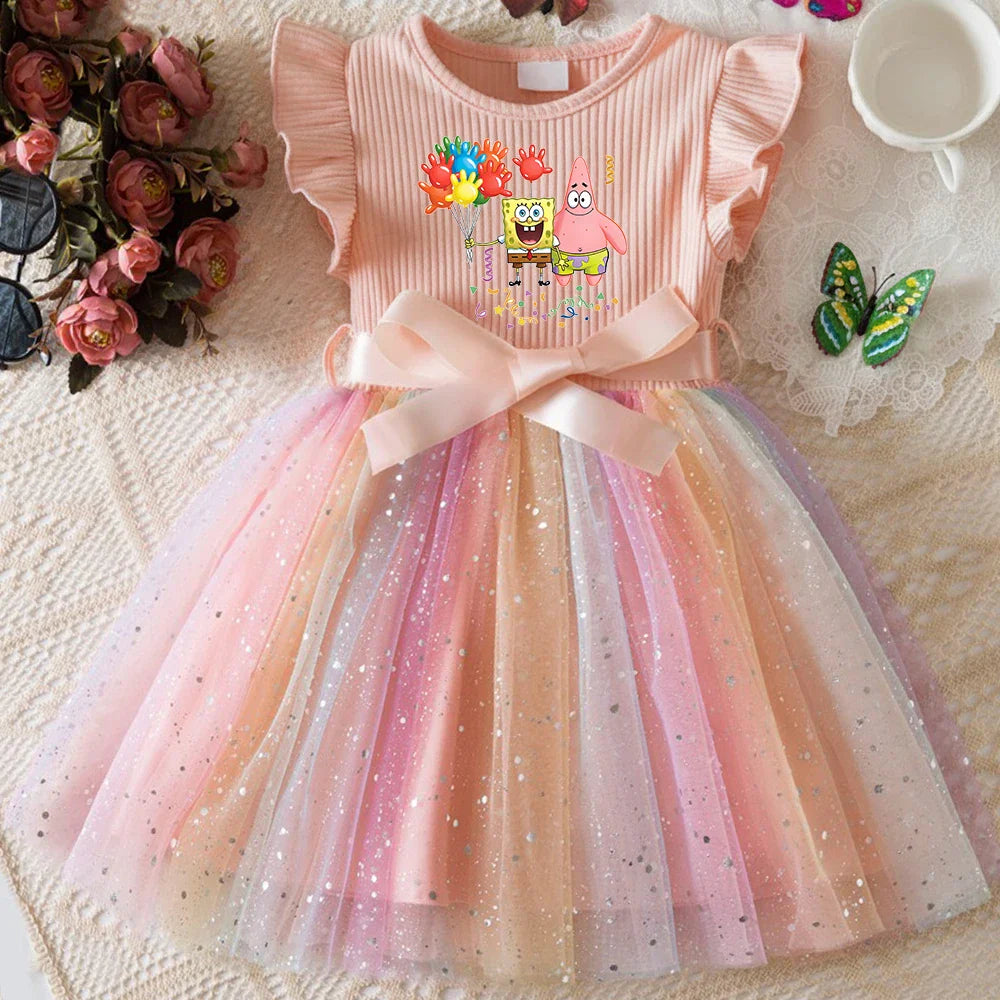 Sweet Girls Flying Sleeves Bow Sequin Dress Kids Baby Girl Birthday Party Fluffy Tutu Princess Dress 1-5Y