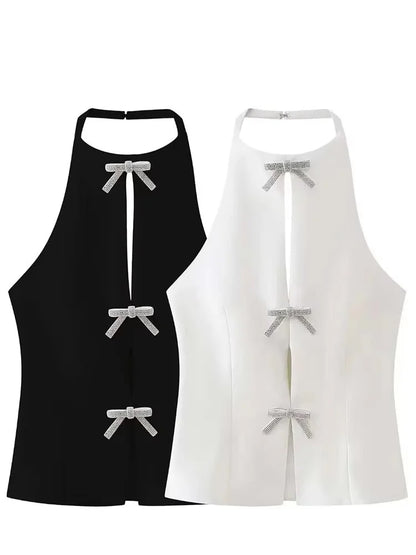 Summer Top Female Jewelry Bow Decoration Hanging Neck Collar Sleeveless Top 2025 Women's Pretty Sling Top