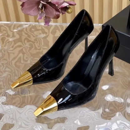 Women's New Stiletto Heels Spring Fashion Metal Pointed Leather Shallow Mouth Non-slip Wear-resistant Single Shoes