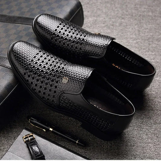 Men's Synthetic Leather Shoes  Soft Sole Breathable Low Heeled Business Casual Shoes Hollow Out Dress Sandals Middle Aged