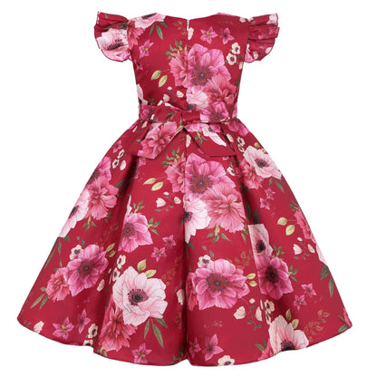 Cross-border special summer burst dress girls printed waist wedding dress flower girl short-sleeved princess puffy skirt