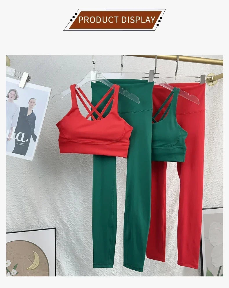 Christmas style 2-piece yoga suit Solid color gym fitness set cross back yoga top Peach butt yoga pants Pilates running suit