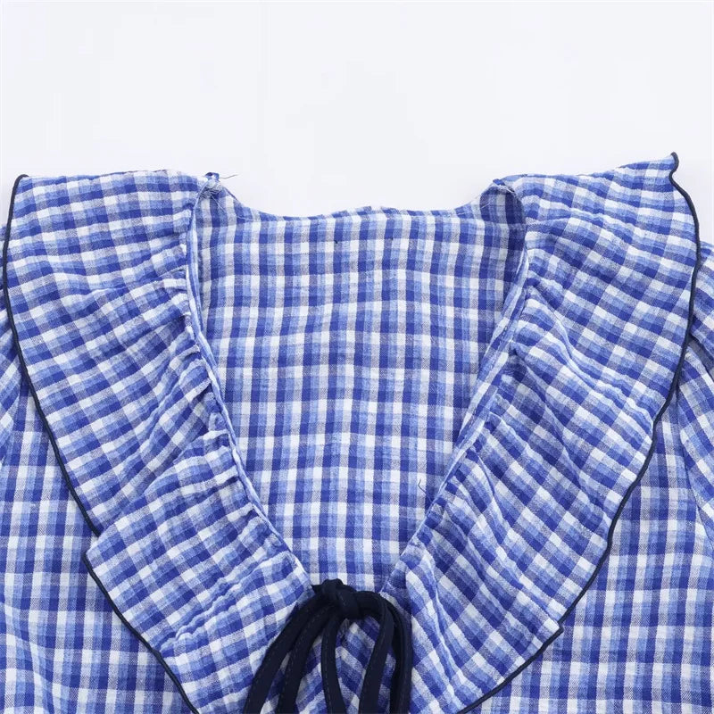 Elegant Fashion Chidori Plaid Ruffles Chiffon Shirt Spring 2025 Ruffled Neck Long Butterfly Sleeve Loose Tops Women's Clothing
