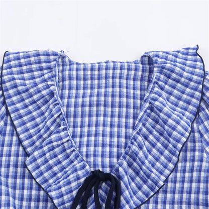 Elegant Fashion Chidori Plaid Ruffles Chiffon Shirt Spring 2025 Ruffled Neck Long Butterfly Sleeve Loose Tops Women's Clothing