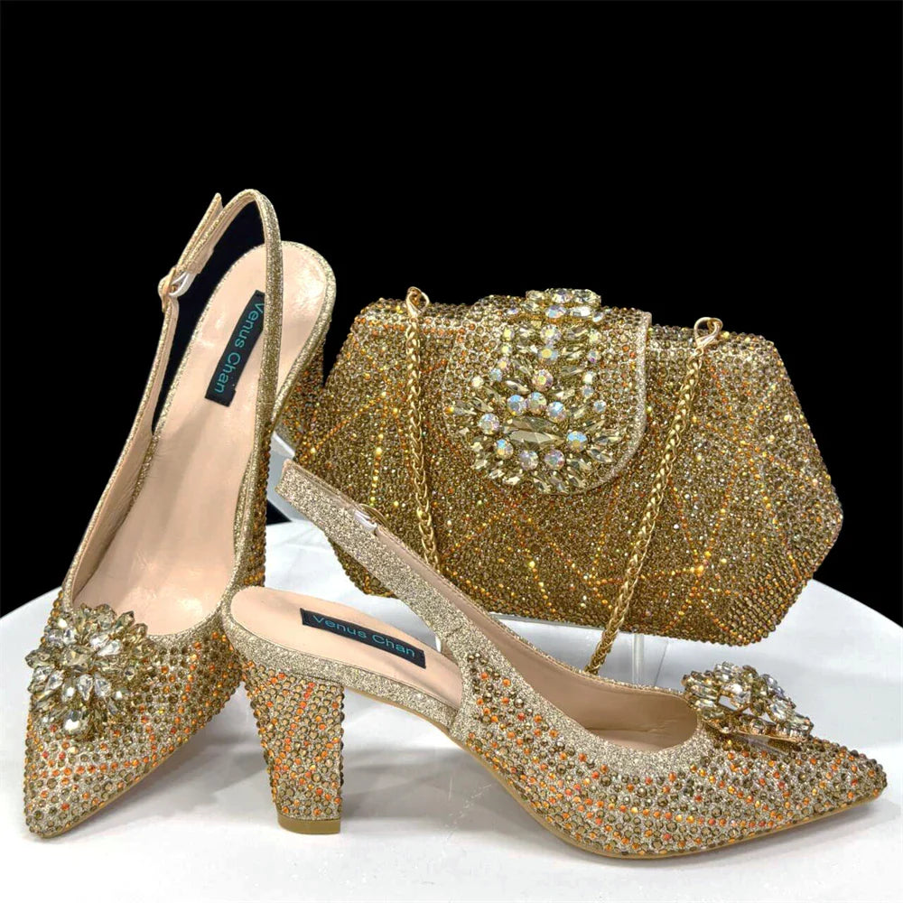 Pointed-Toe Rhinestone Pumps African Ladies Italian Shoe and Bag Set Designer