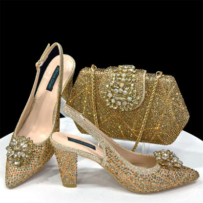 Nigerian Women Heel Party Ladies Italian Design Shoes And Bag Set Decorated with Rhinestone Handbag Wedding Party