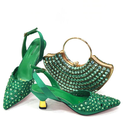 Latest High Heel Gold Color Atmospheric Luxury Pattern With Rhinestones Party Ladies Shoes And Bag Set