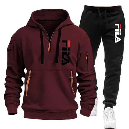 2026 Autumn and winter new men's multi pocket zipper hooded sports shirt+pants two-piece set, men's casual pullover sports set