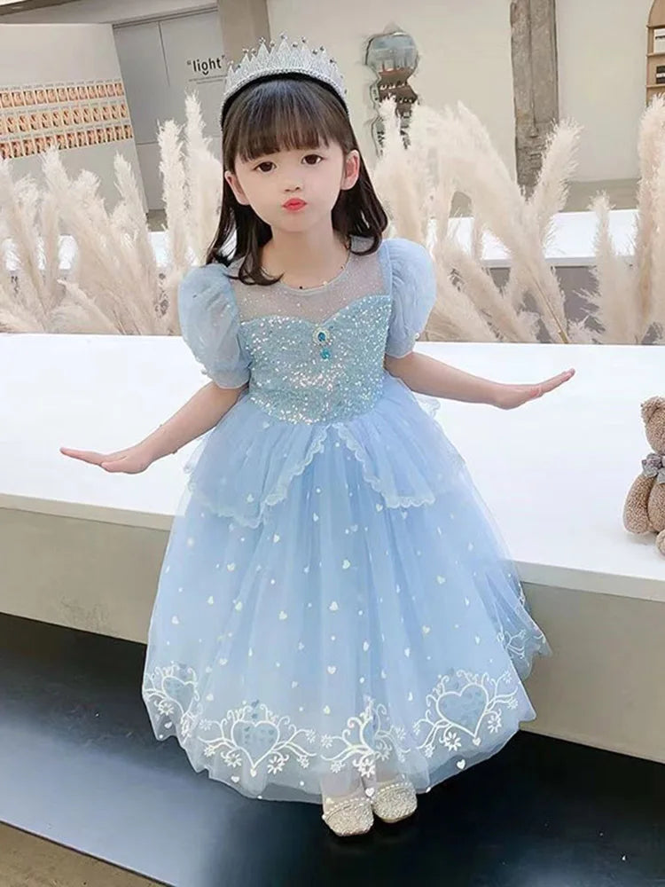 Vestido de princesa infantil de lantejoulas e tule azul com renda, xale de tule de floco de neve, festa infantil, vestido de princesa para formatura de menina