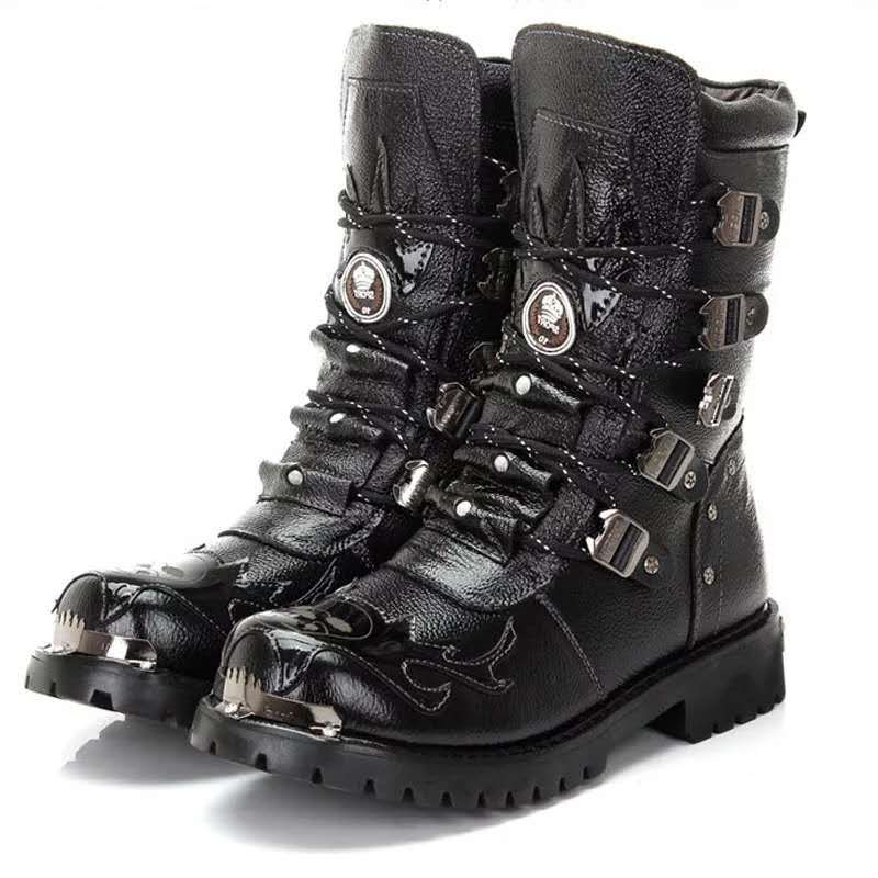 Men Motorcycle Boots Fashion Mid-Calf Punk Rock Punk PU Leather Black High Top Mens Casual Boot Steel Toe Shoes Big Size 38-46