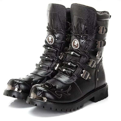 Men Motorcycle Boots Fashion Mid-Calf Punk Rock Punk PU Leather Black High Top Mens Casual Boot Steel Toe Shoes Big Size 38-46