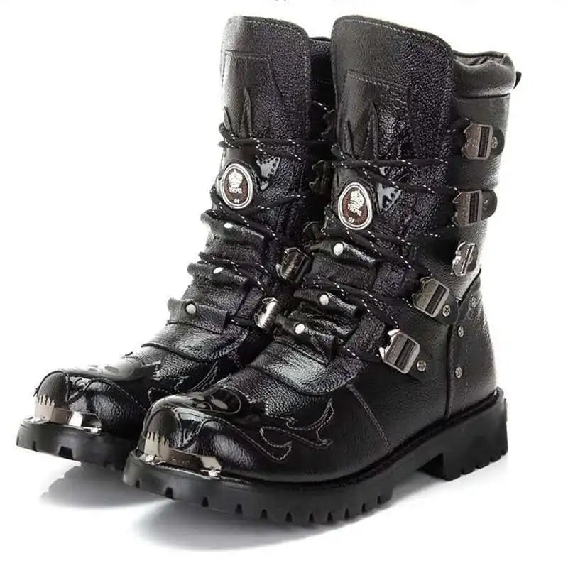 Men Motorcycle Boots Fashion Mid-Calf Punk Rock Punk PU Leather Black High Top Mens Casual Boot Steel Toe Shoes Big Size 38-46