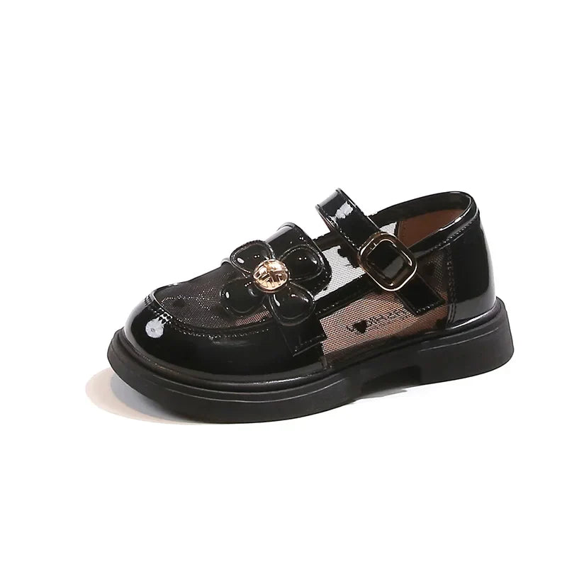 Toddler Girls Elegant Glossy Mesh Mary Jane Flats Flower Buckle Strap Heart Pattern Chunky Sole Comfortable Party School Shoes