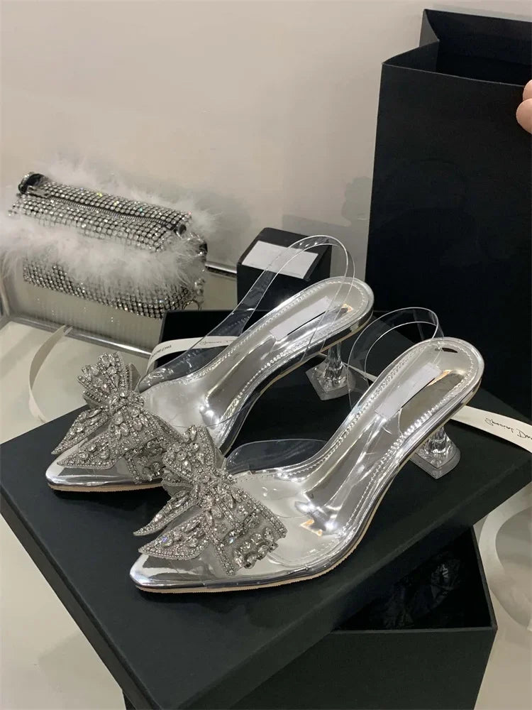 Summer Fashion Women Pumps Sandals Sexy Slingback High Heels Rhinestones Elegant Pointed Toe Transparent PVC Party Shoes